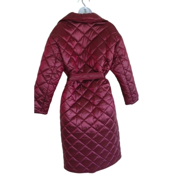 Cleo Women's Belted Quilted Puffer Trench Coat Maroon Red Large - Picture 10 of 10